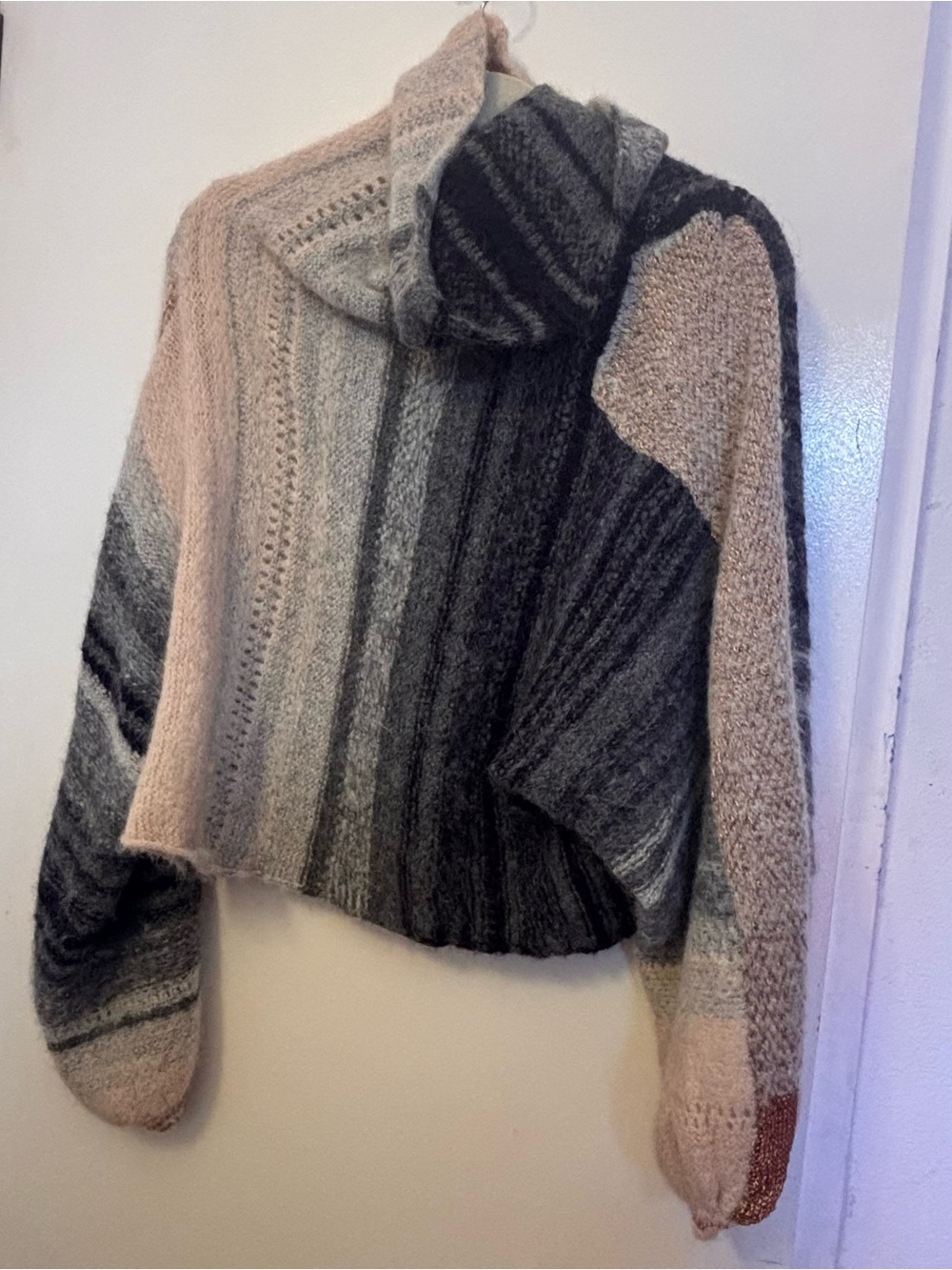 Free People Striped Cowlneck Sweater in Gray and Cream with Blush Accent